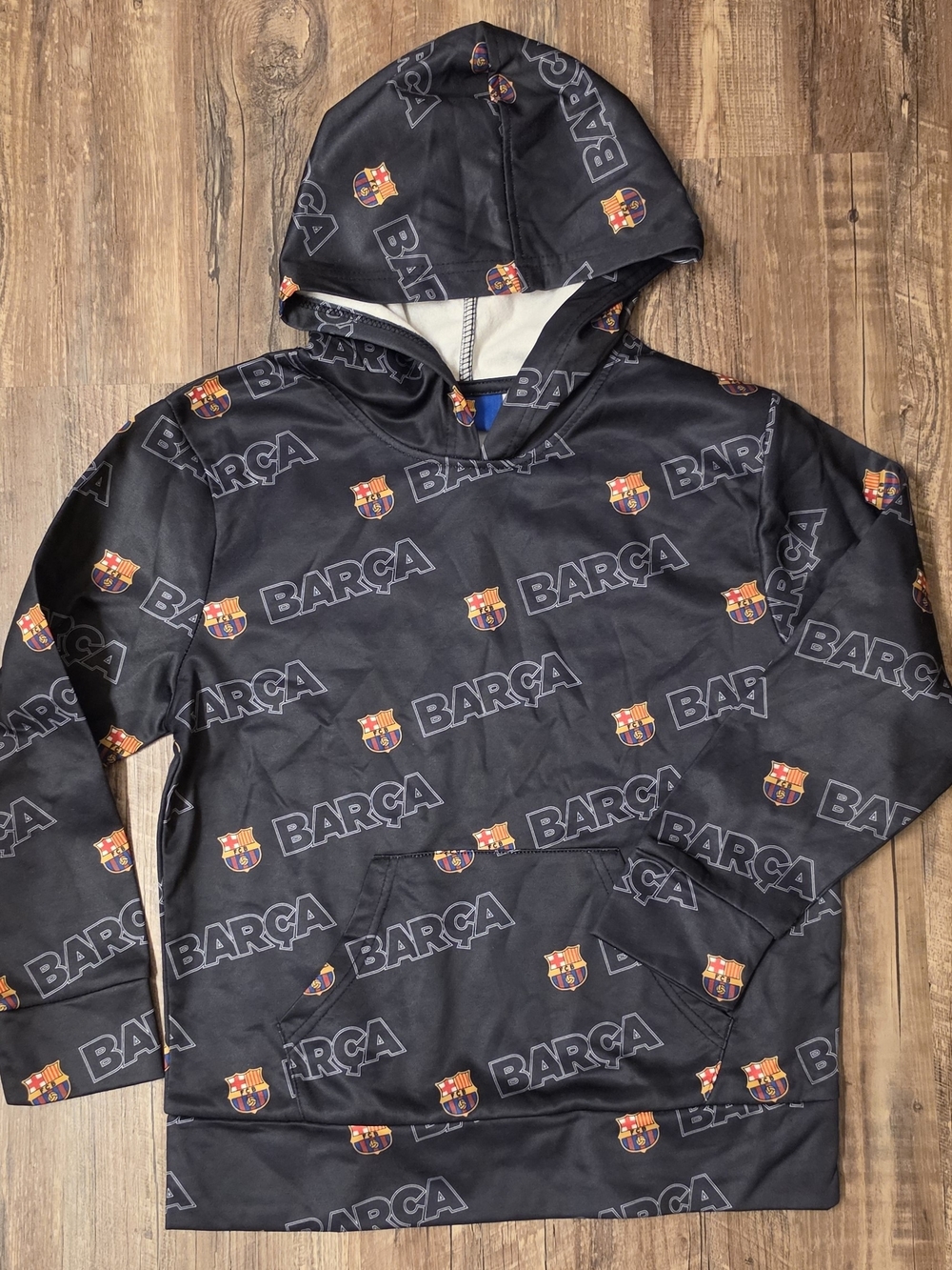 FC Barcelona Barça All-Over Print Logo Hoodie Sweatshirt – Size Youth Medium